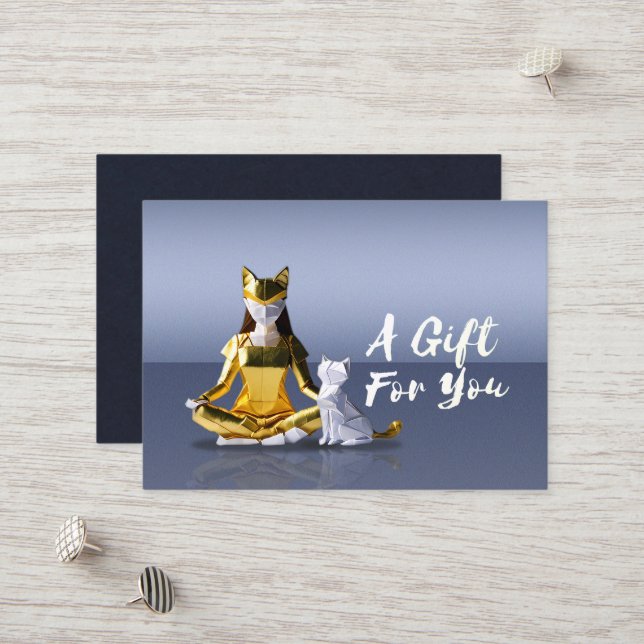 Origami Gold Yoga Meditating Catwoman and Cat Gift Discount Card (Front/Back In Situ)
