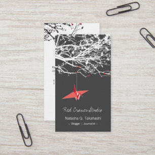Origami Japanese Red Paper Cranes Silhouette Tree Business Card