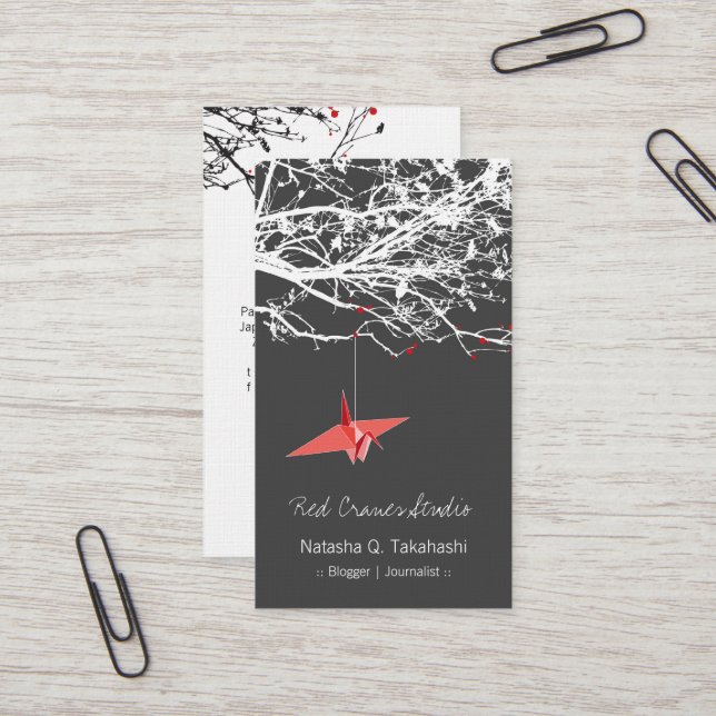 Origami Japanese Red Paper Cranes Silhouette Tree Business Card (Front/Back In Situ)