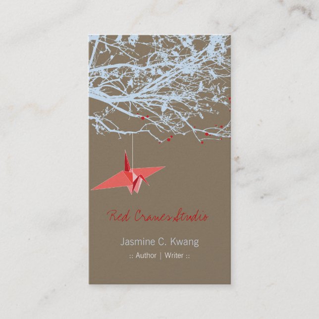 Origami Japanese Red Paper Cranes Silhouette Tree Business Card (Front)