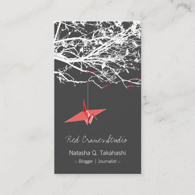 Origami Japanese Red Paper Cranes Silhouette Tree Business Card (Front)