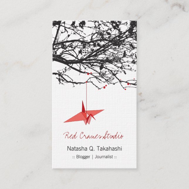 Origami Japanese Red Paper Cranes Silhouette Tree Business Card (Front)