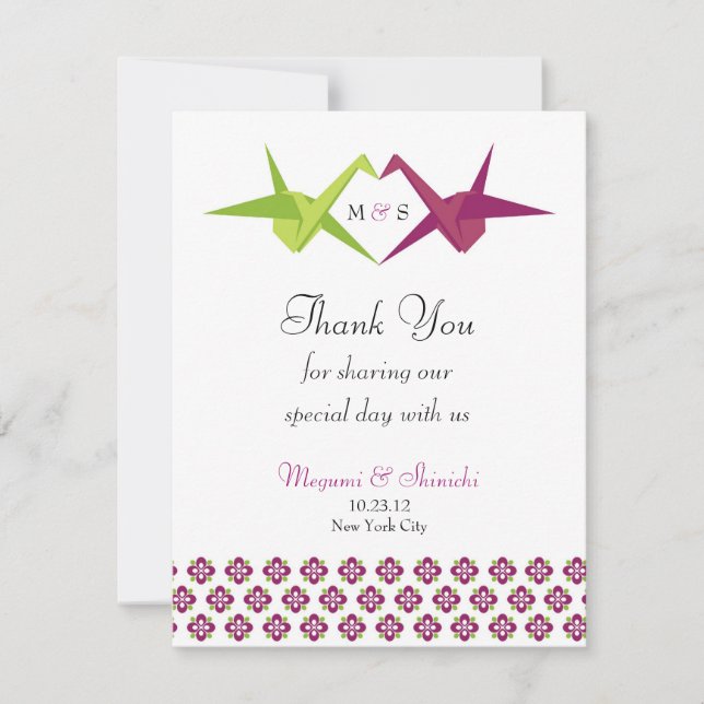 Origami Paper Crane Wedding Thank You Card (Front)