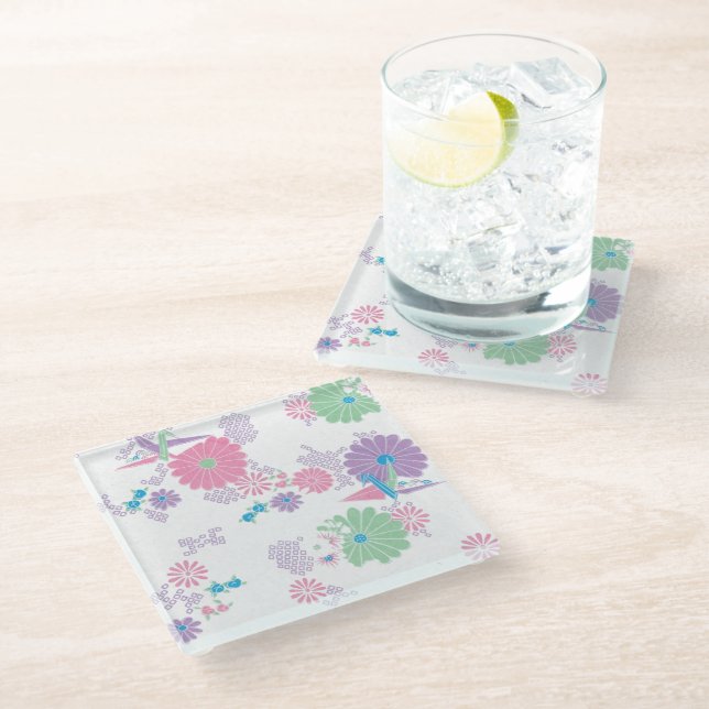 Origami Paper Cranes and Flowers Glass Coaster (Angled)