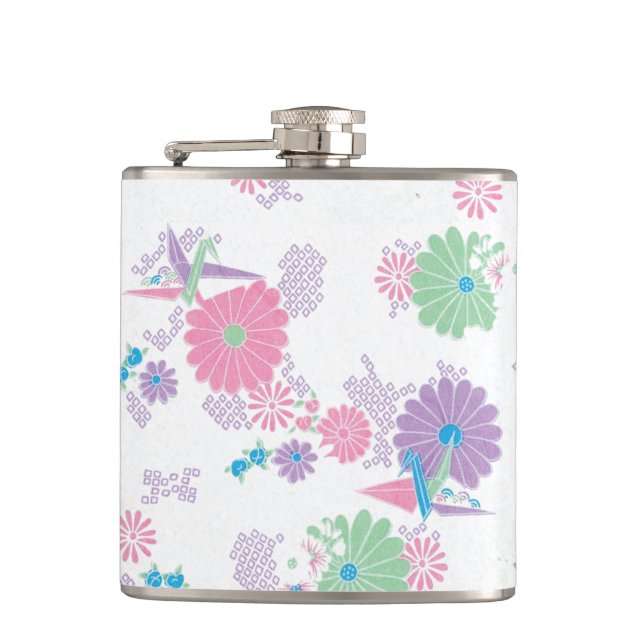 Origami Paper Cranes and Flowers Hip Flask (Front)