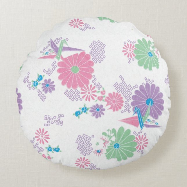Origami Paper Cranes and Flowers Round Pillow (Front)