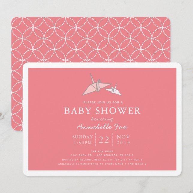 Origami Paper Cranes Pink Baby Shower Invitation (Front/Back)