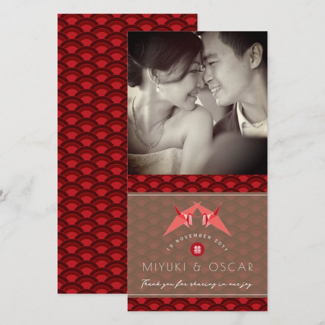 Origami Paper Cranes Scallops Asian Wedding Photo Thank You Card (Front/Back)