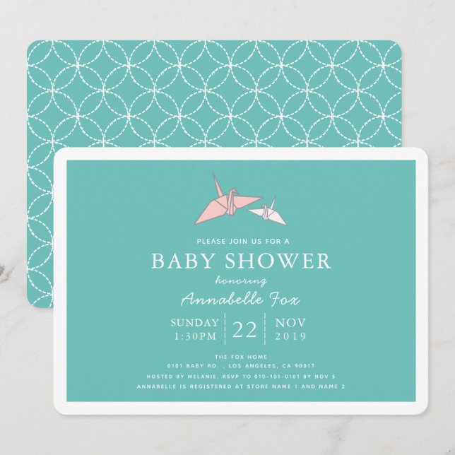 Origami Paper Cranes Teal Baby Shower Invitation (Front/Back)