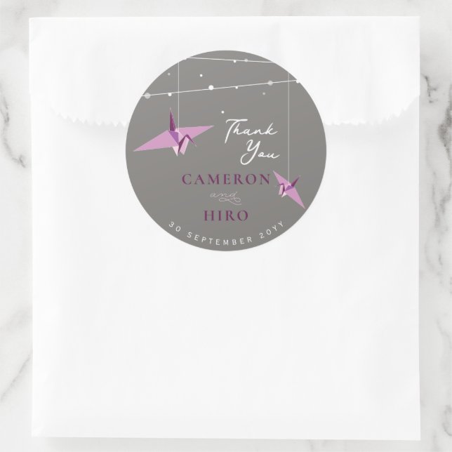 Origami Purple Paper Crane Lights Asian Wedding Classic Round Sticker (Bag)