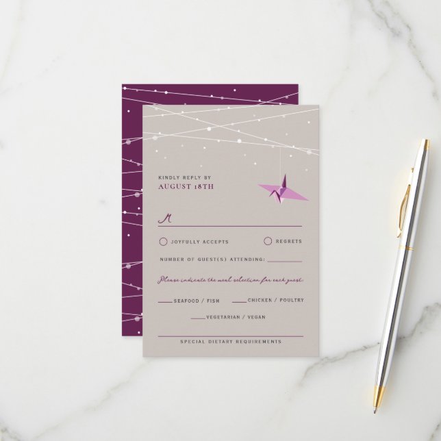 Origami Purple Paper Crane Lights Asian Wedding RSVP Card (Front/Back In Situ)