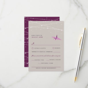 Origami Purple Paper Crane Lights Asian Wedding RSVP Card