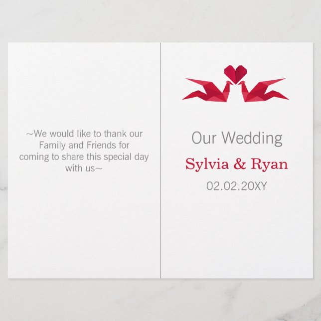 origami red cranes bi fold Wedding program (Front)