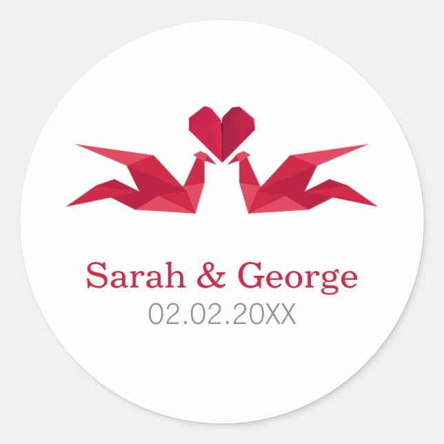 origami red cranes Wedding favours stickers (Front)