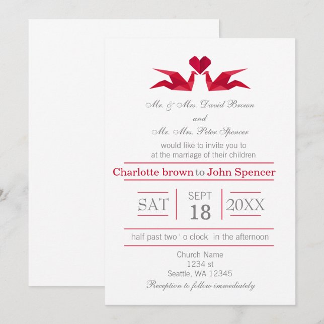 origami red cranes wedding invitations (Front/Back)