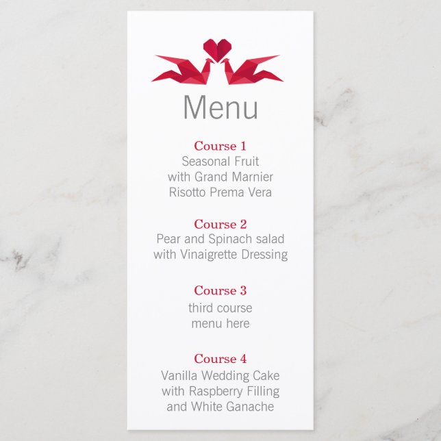 origami red cranes Wedding menu (Front)