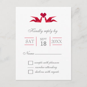 origami red cranes wedding rsvp invitation postcard