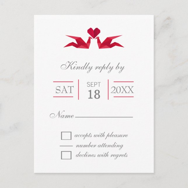 origami red cranes wedding rsvp invitation postcard (Front)