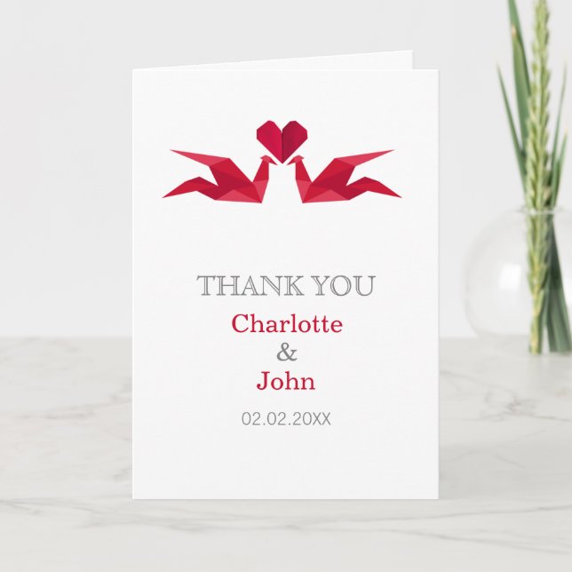 origami red cranes Wedding Thank You cards (Front)