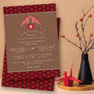 Origami Red Paper Cranes Scallop 囍 Asian Wedding Invitation