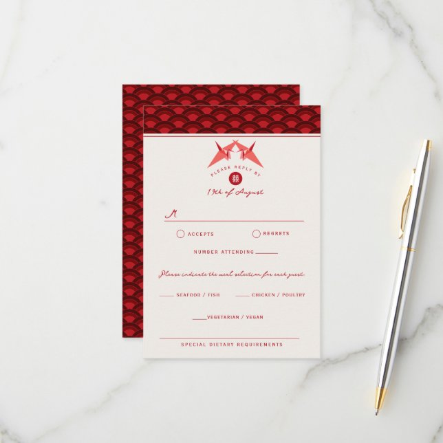 Origami Red Paper Cranes Scallop Asian Wedding RSVP Card (Front/Back In Situ)