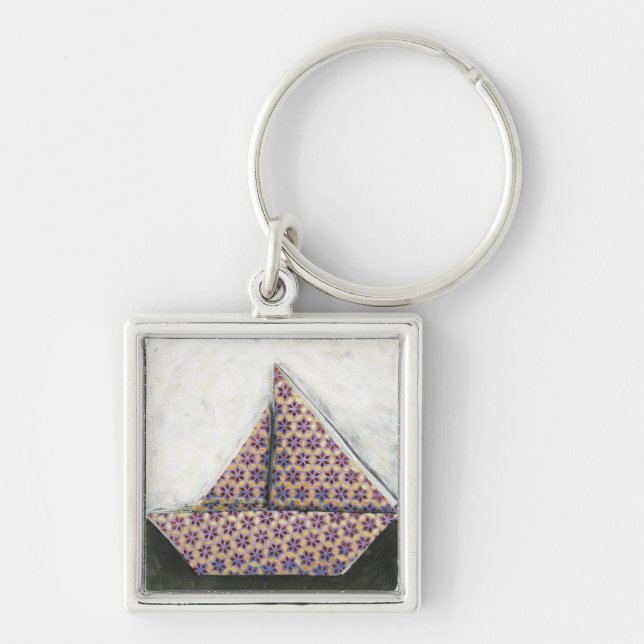 Origami Sailboat on Star Design Paper Key Ring (Front)