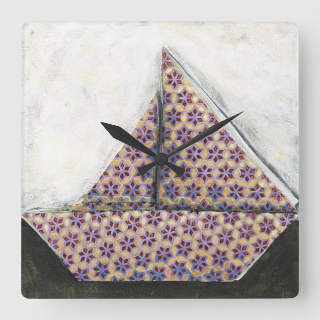 Origami Sailboat on Star Design Paper Square Wall Clock (Front)