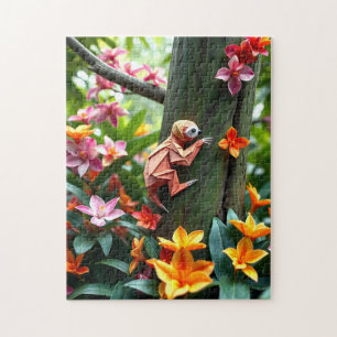 Origami Sloth climbing a tree in a luscious jungle Jigsaw Puzzle