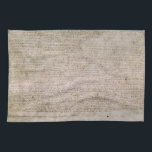 ORIGINAL 1215 Magna Carta British Library Tea Towel<br><div class="desc">The Magna Carta (originally known as the Charter of Liberties) of 1215, written in iron gall ink on parchment in mediaeval Latin, using standard abbreviations of the period, authenticated with the Great Seal of King John. The original wax seal was lost over the centuries. This document is held at the...</div>