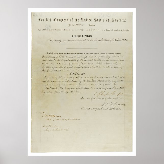 ORIGINAL 15th Amendment U.S. Constitution Poster (Front)