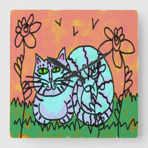 Original Abstract Cat Art Square Wall Clock