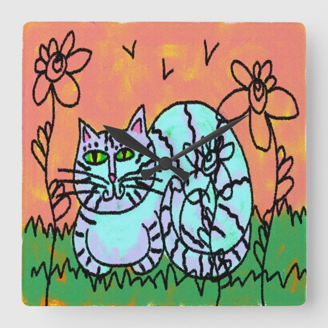 Original Abstract Cat Art Square Wall Clock (Front)