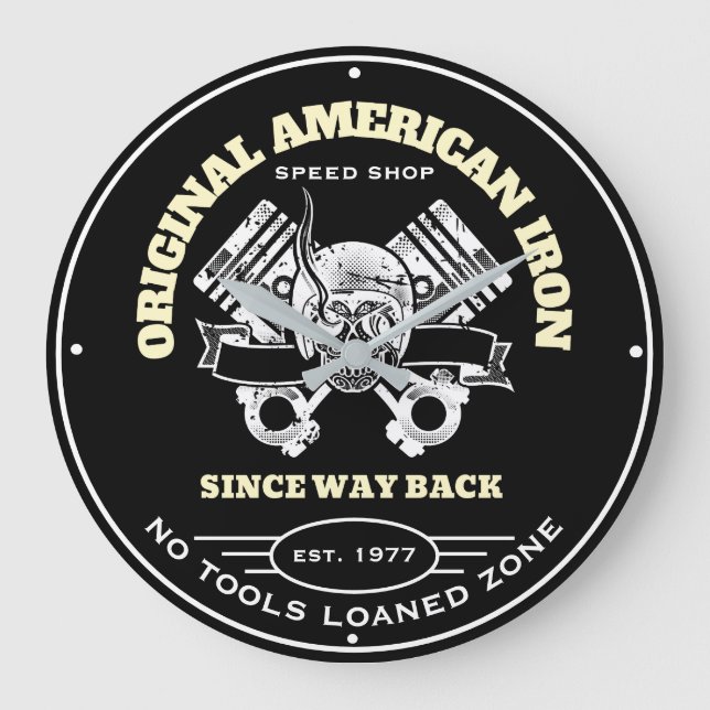 Original American Iron Speed Shop Skull and Piston Large Clock (Front)