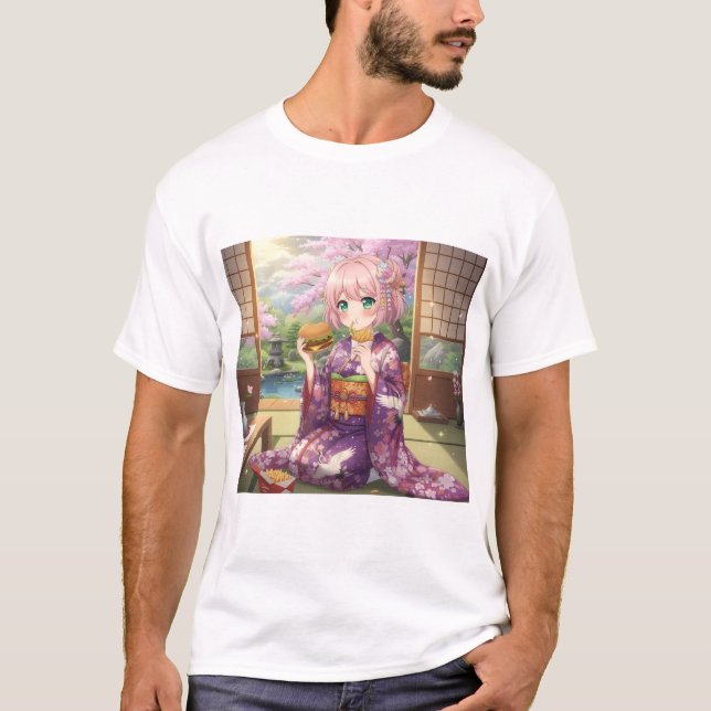 Original Anime Girl in Kimono – Japanese Summer T-Shirt (Front)