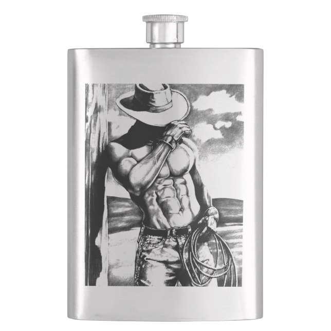 Original Art Cowboy Drawing Cool Classic Hip Flask (Front)