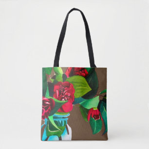 Original art red camellia flowers watercolor tote bag