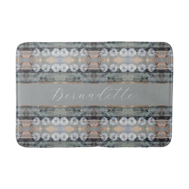 Original Artist Pattern Grey Blue Tan with Name Bath Mat (Front)