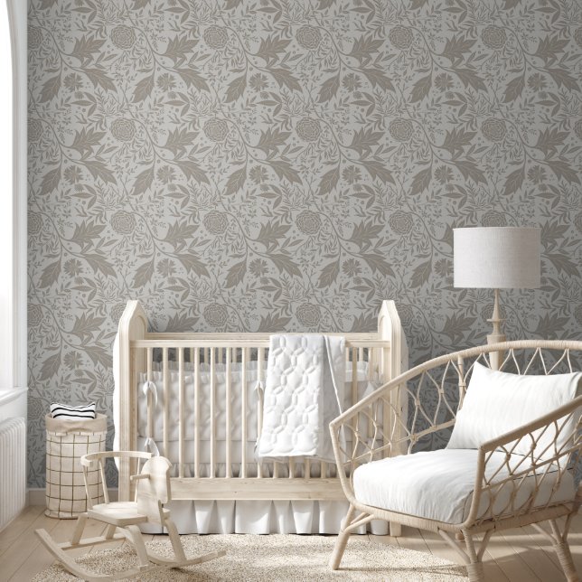 Original Arts and Crafts Botanical Grey floral Wallpaper (Kids)