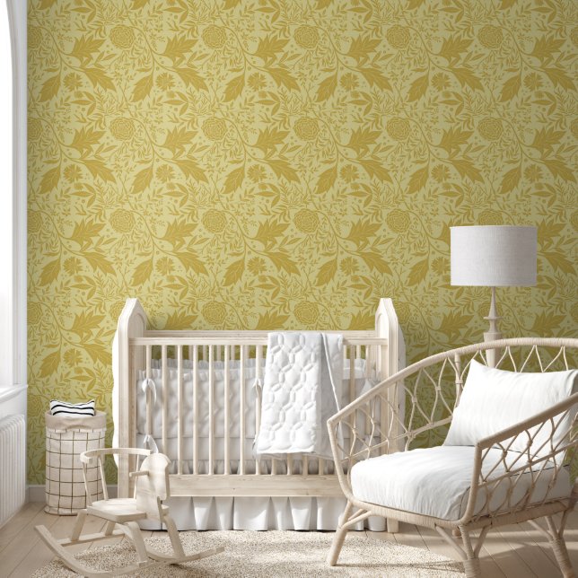 Original Arts and Crafts Botanical Yellow floral Wallpaper (Kids)