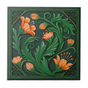 Original Artwork Green and Orange Flowers  Tile
