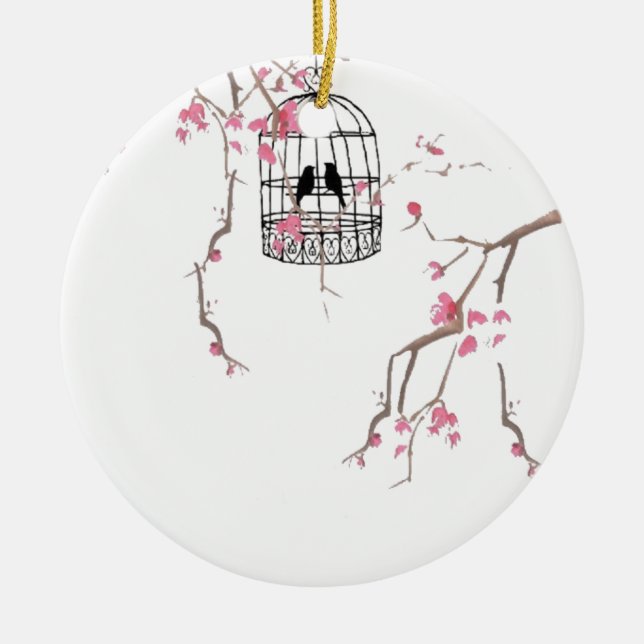 Original cherry blossom birdcage artwork ceramic tree decoration (Front)