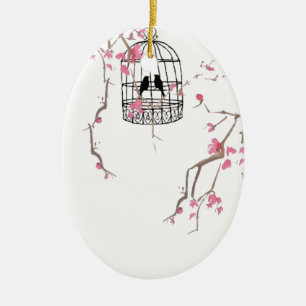 Original cherry blossom birdcage artwork ceramic tree decoration
