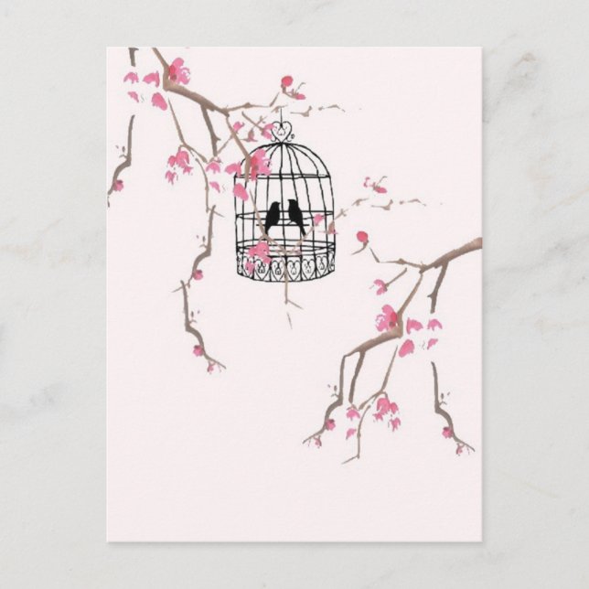 Original cherry blossom birdcage artwork postcard (Front)