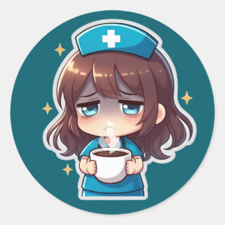 Original Chibi Nurse - Coffee with Tired Classic Round Sticker