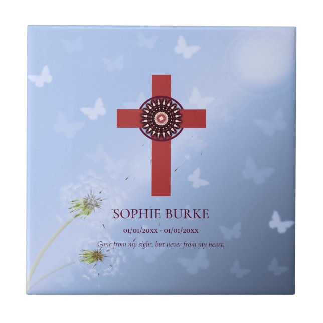 Original Cross Design Butterflies Pet Memorial Tile (Front)