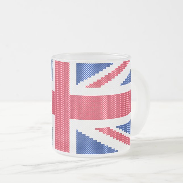 Original cross-stitch design Union Jack Frosted Glass Coffee Mug (Front Right)