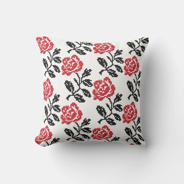Original cross-stitch flower design | Red rose Cushion (Front)