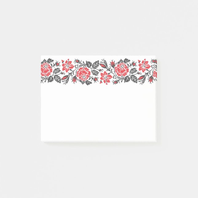 Original cross-stitch red rose flowers pattern post-it notes (Front)