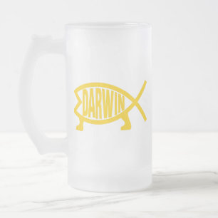 Original Darwin Fish (Mustard) Frosted Glass Beer Mug