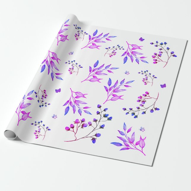 Original design of purple flowers and branches wrapping paper (Unrolled)
